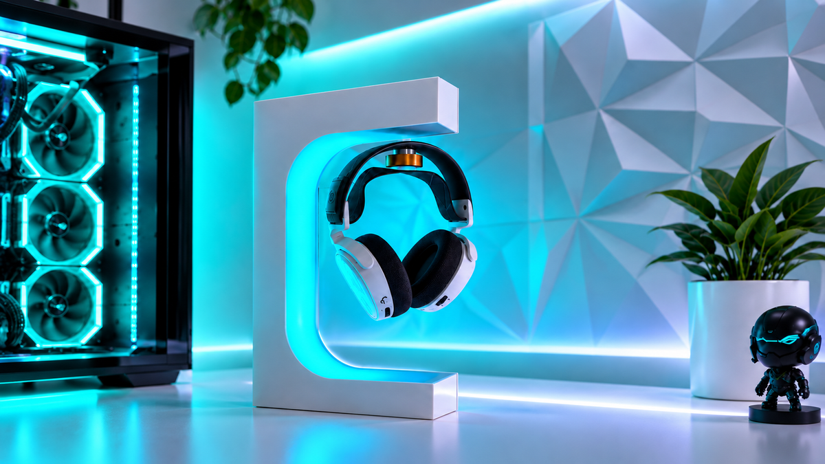 White levitating headset stand with gaming headphones in a blue lit gaming setup
