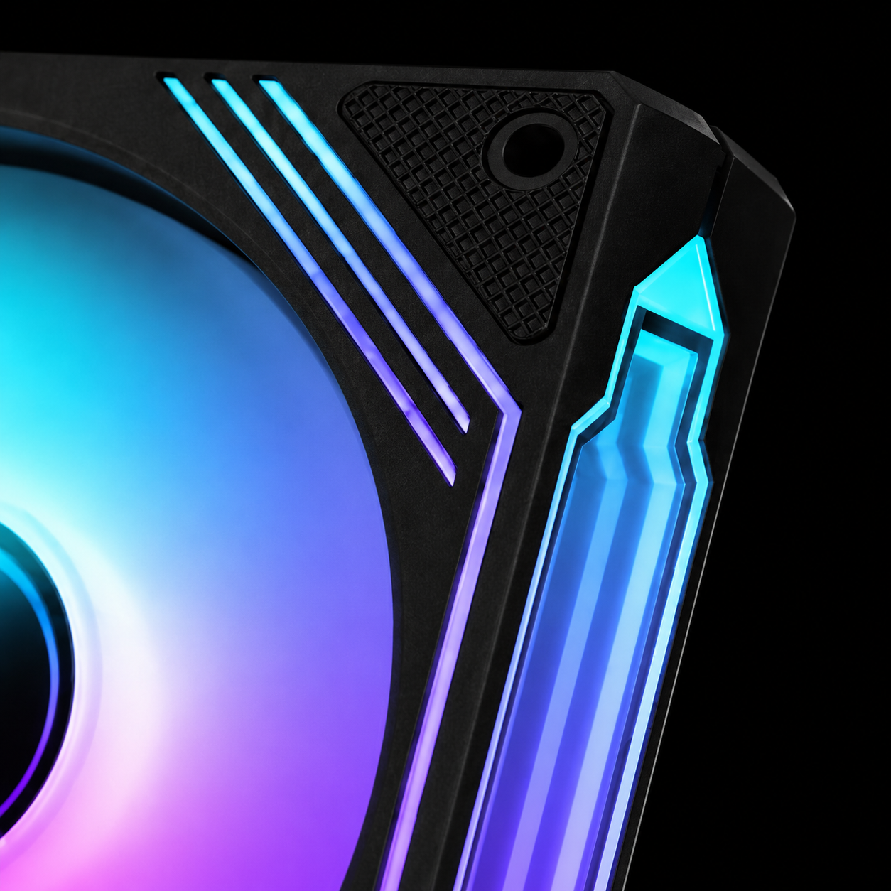 Black 140mm ARGB case fan close-up showing clean cooling design, RGB lighting and airflow-focused frame