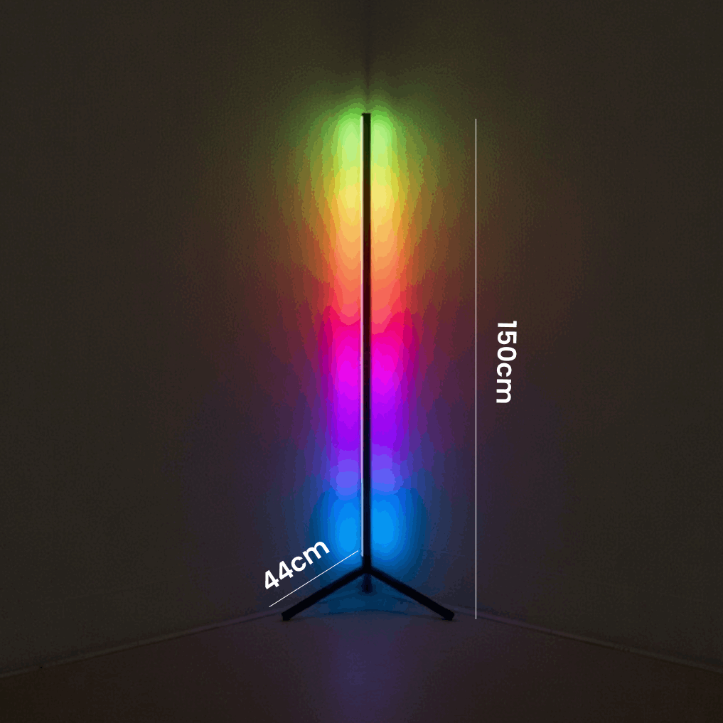 RGB corner floor lamp showing 150cm height and 44cm base with ambient light glow on wall.