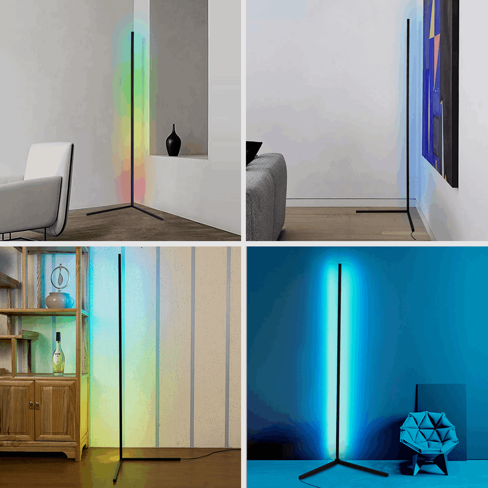 Smart home LED lights showcasing RGB corner lamp placement across living and gaming rooms.