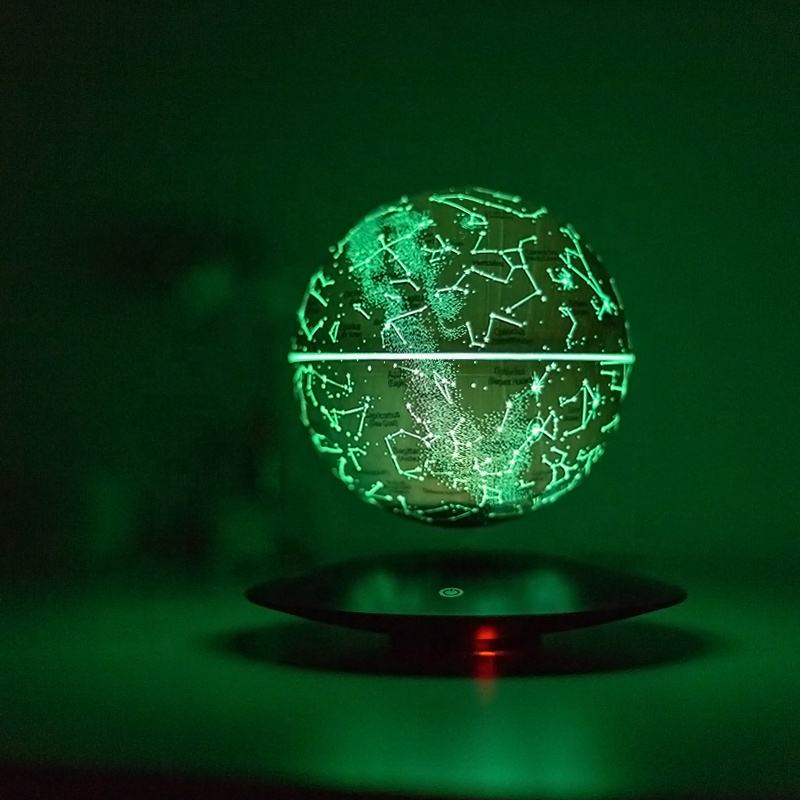 Levitating moon lamp in green light variation, 3D room design accent for modern interiors.