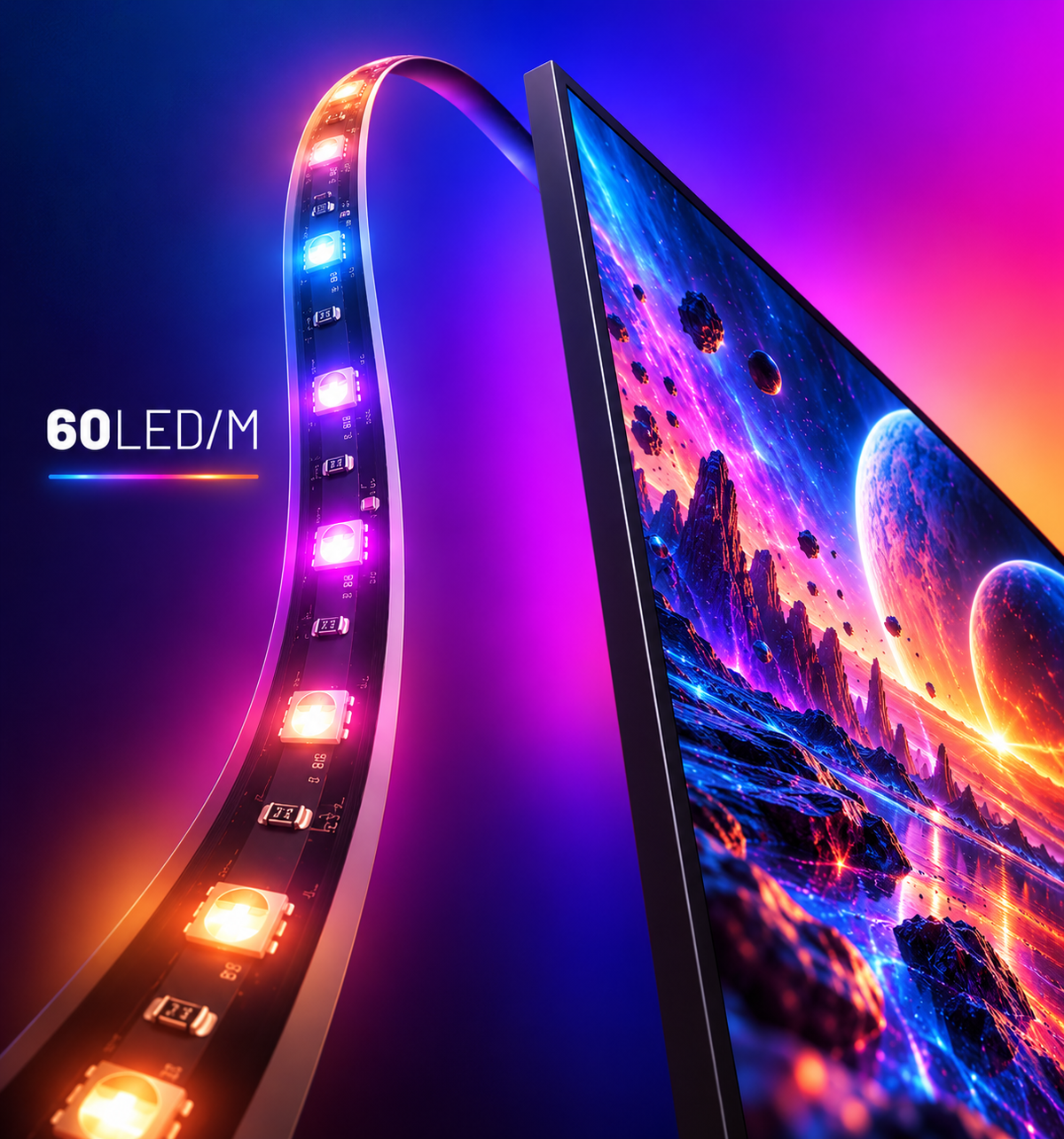 Close-up of a multicolour LED strip beside a TV displaying a space scene, highlighting 60 LEDs per metre.