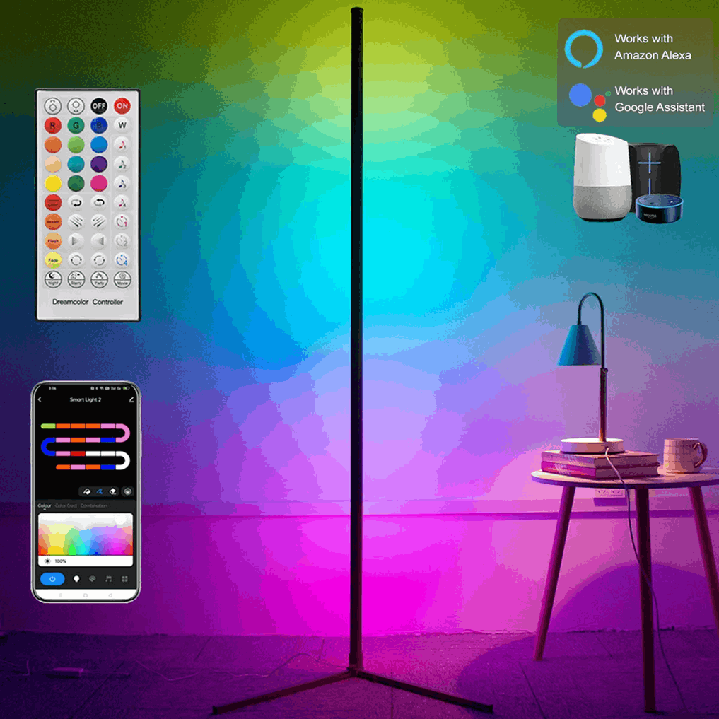 RGB corner floor lamp controlled by remote and smart light app for ambient effects.