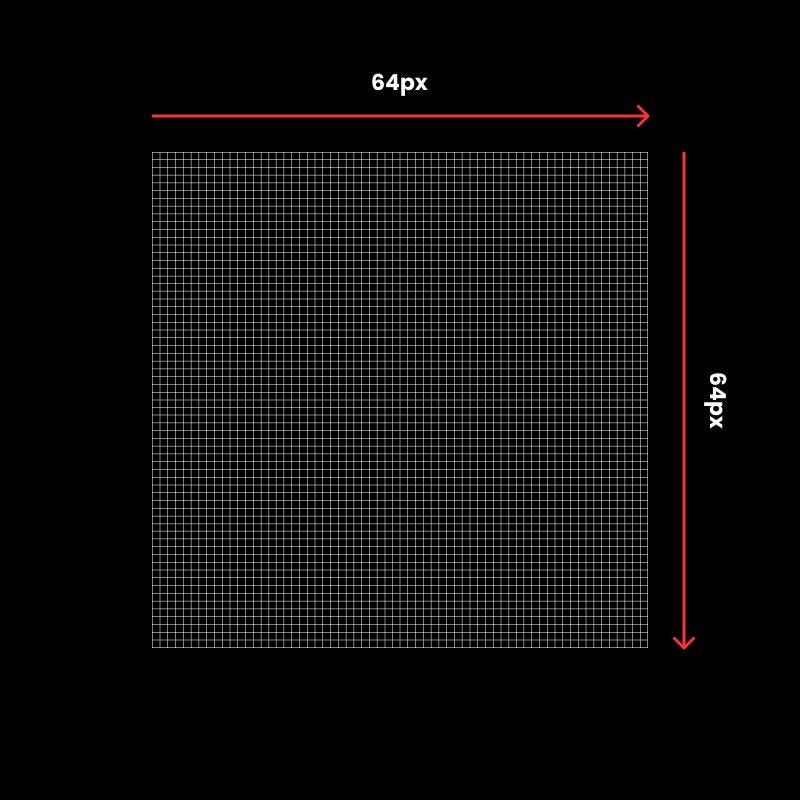 Front view of 64x64 LED pixel grid used for custom pixel art and animations