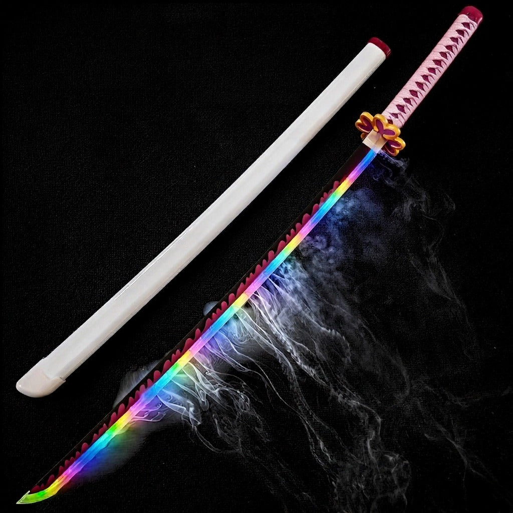 Sword with a rainbow blade and white handle on a dark background