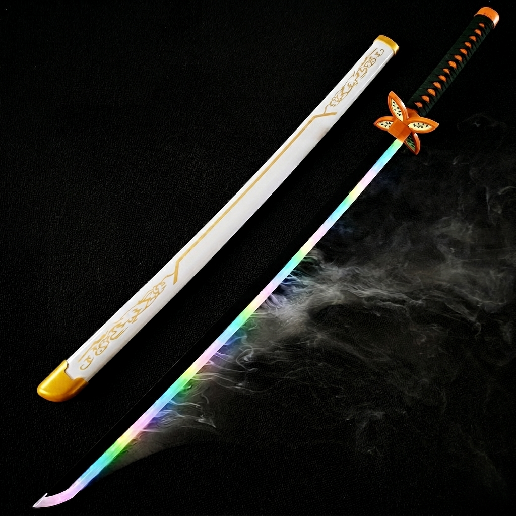 Decorative sword with a colorful blade and ornate handle on a dark background