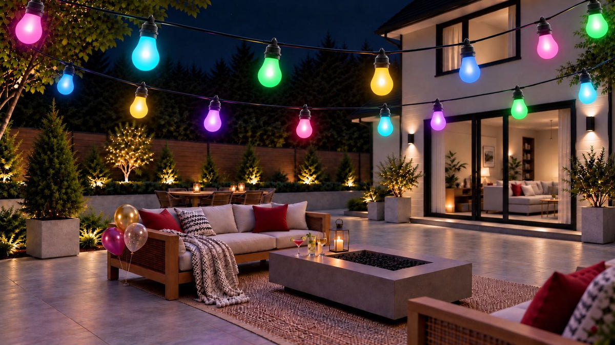 App controlled festoon lights creating colourful RGB lighting across an outdoor party patio