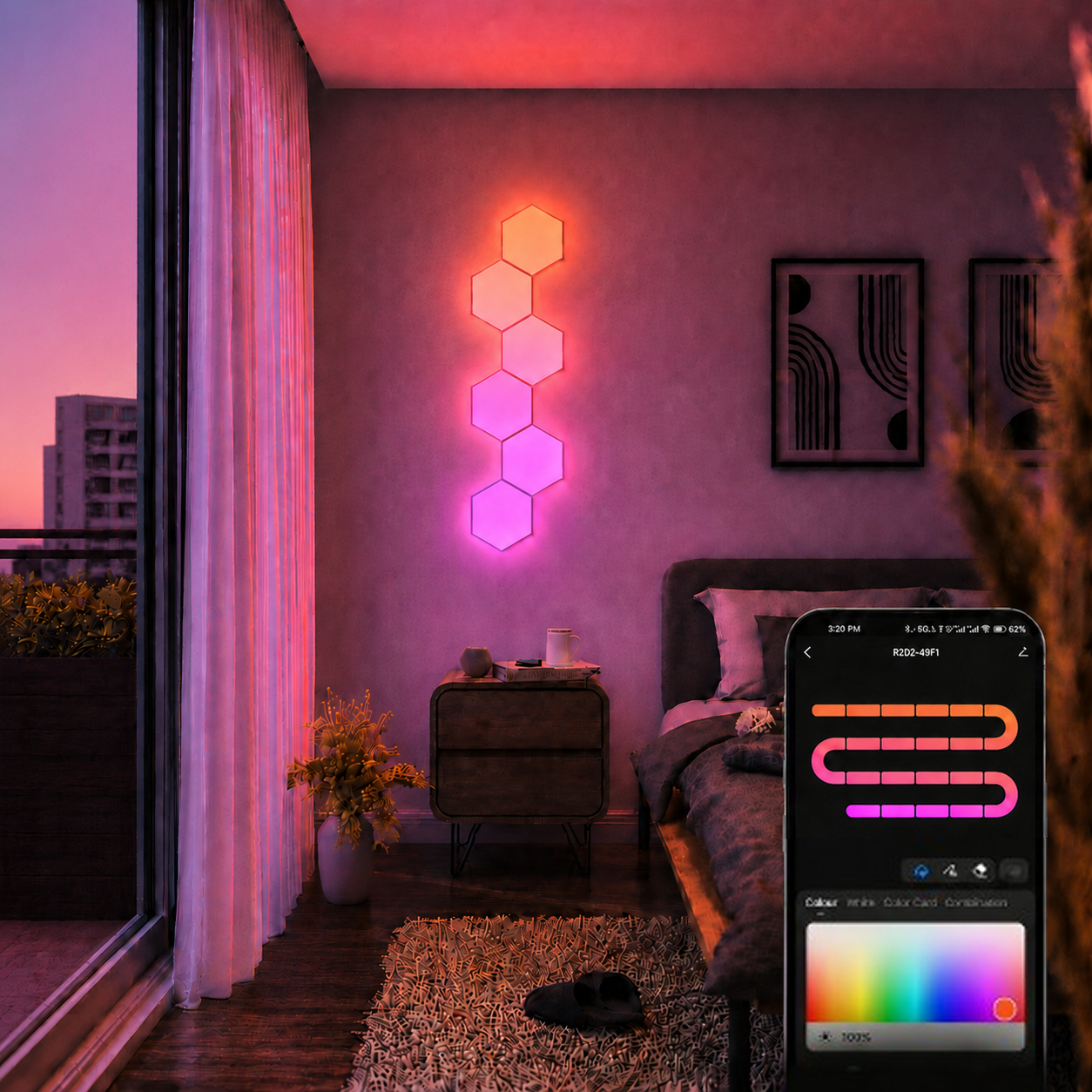 App-controlled hexagon wall lights in a bedroom showing orange and pink lighting scenes with phone colour control.