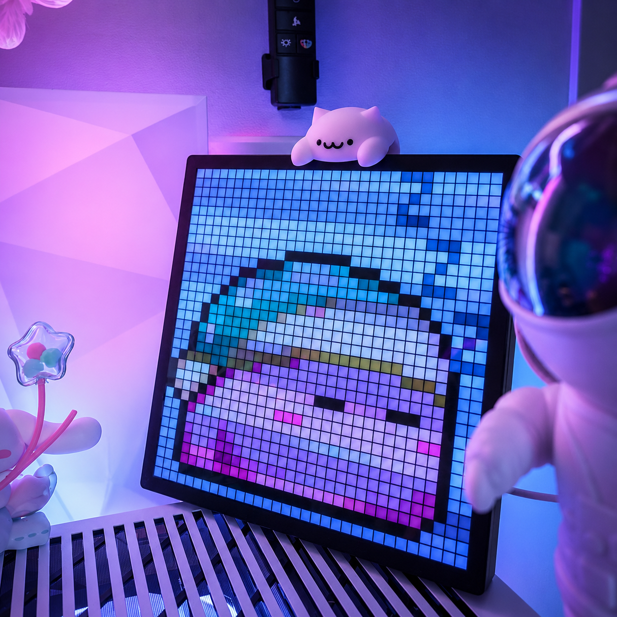 App-controlled LED display showing custom pixel art in a gaming setup
