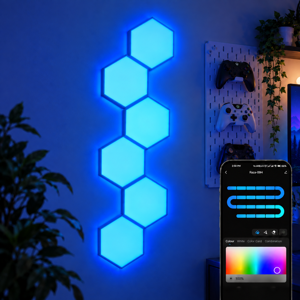 RGBIC hexagon light panels in a bedroom controlled through the Tuya app with custom colour scenes
