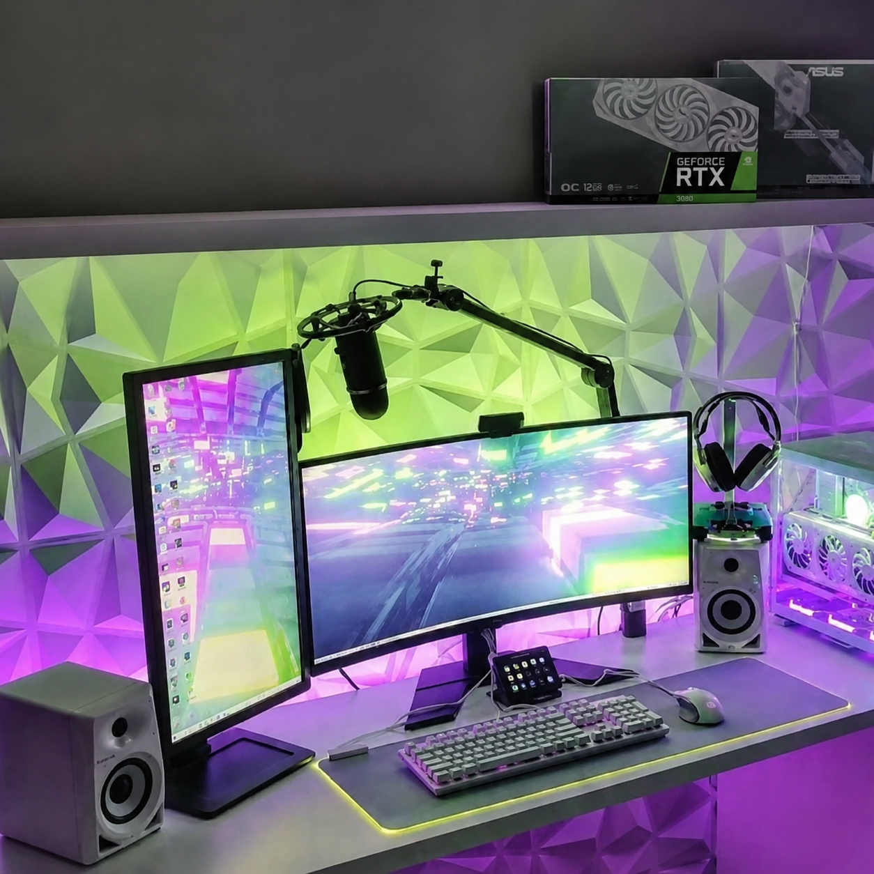 RGB gaming setup with Zyko Atmos monitor backlight creating purple and green ambient lighting behind a desk setup