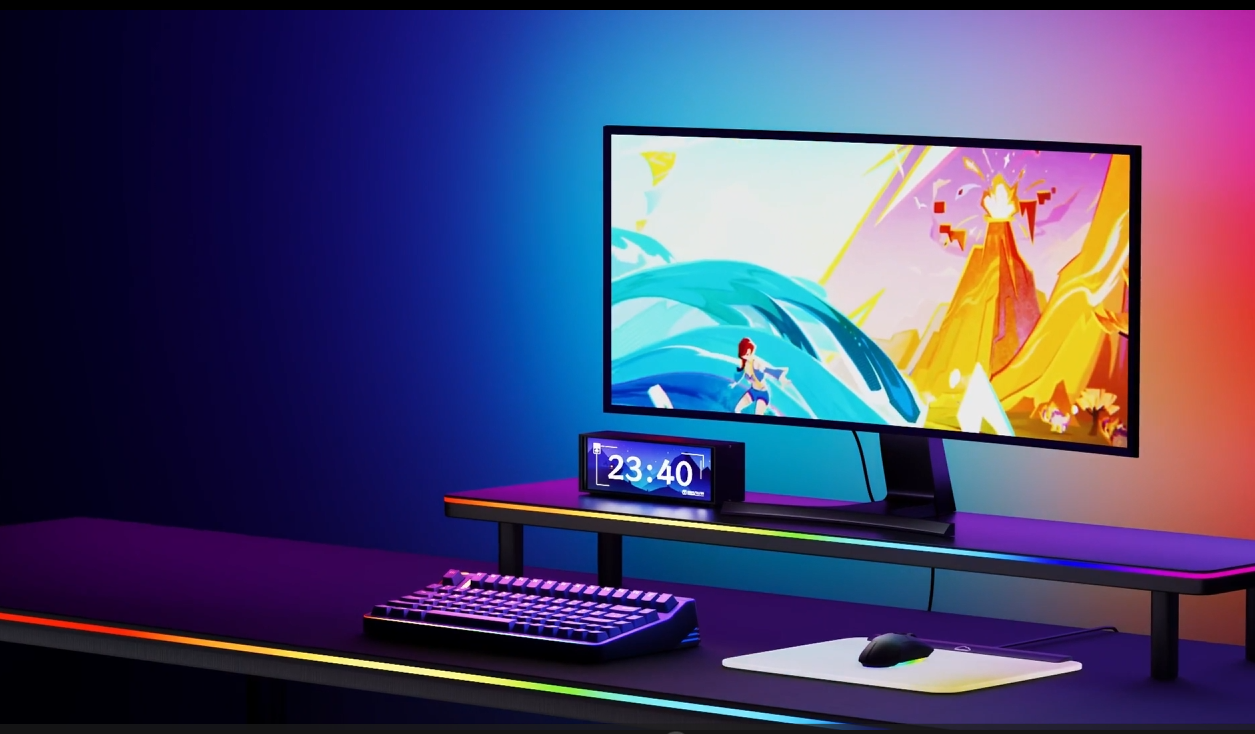 Atmos monitor lighting adding screen-based RGB ambience behind the display, creating a more immersive desk setup for gaming and entertainment.