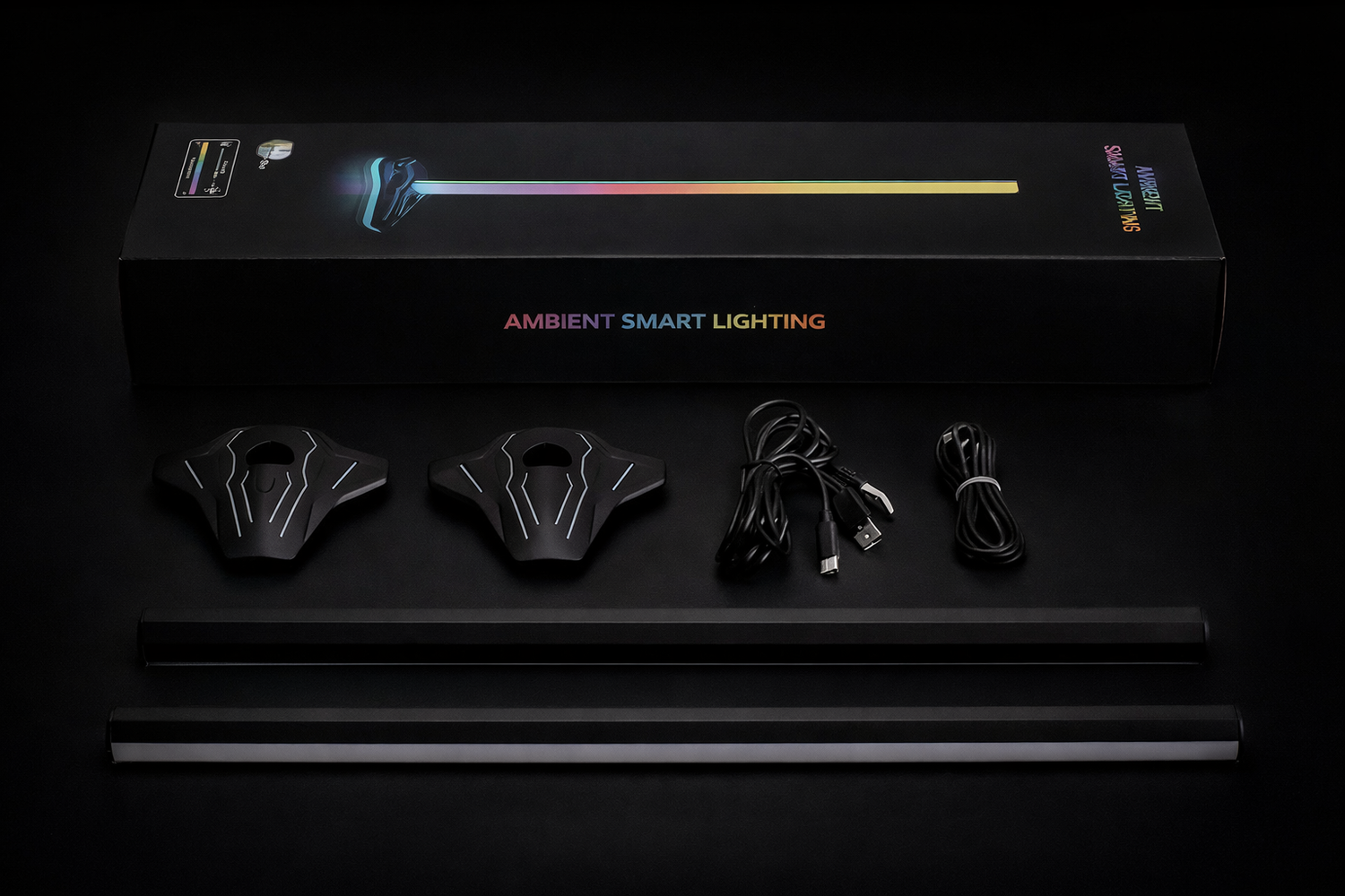 What's included with Zyko Atmos Monitor Sync Bars, featuring dual RGB light bars, mounting accessories, controller and setup components for immersive desk lighting.
