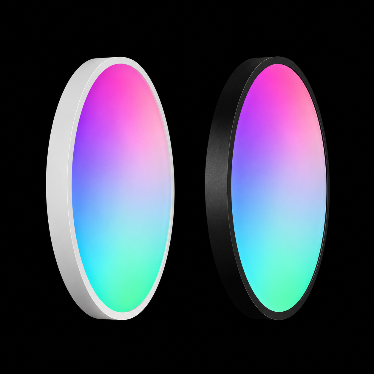 Black and white smart RGB ceiling light frame options against a black background