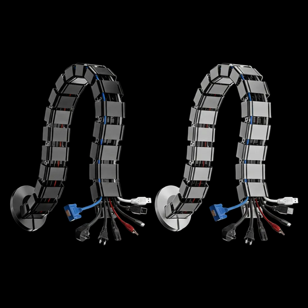 Cable management tube containing multiple cables to demonstrate wire management for desk setups