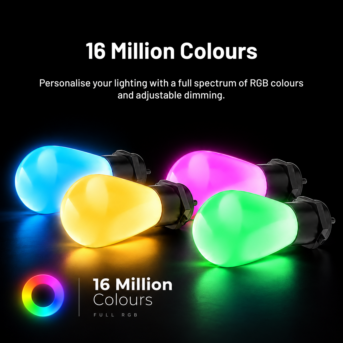 Colour changing festoon lights displaying blue, yellow, pink and green RGB colours with dimming control