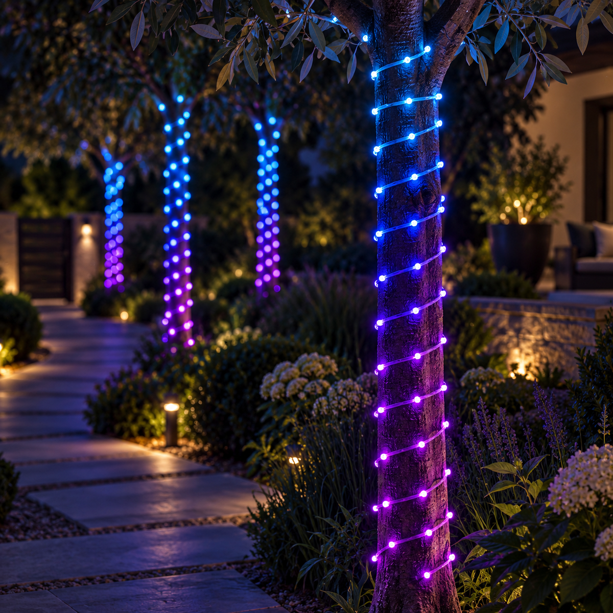 Colour-changing smart fairy lights wrapped around trees in a garden