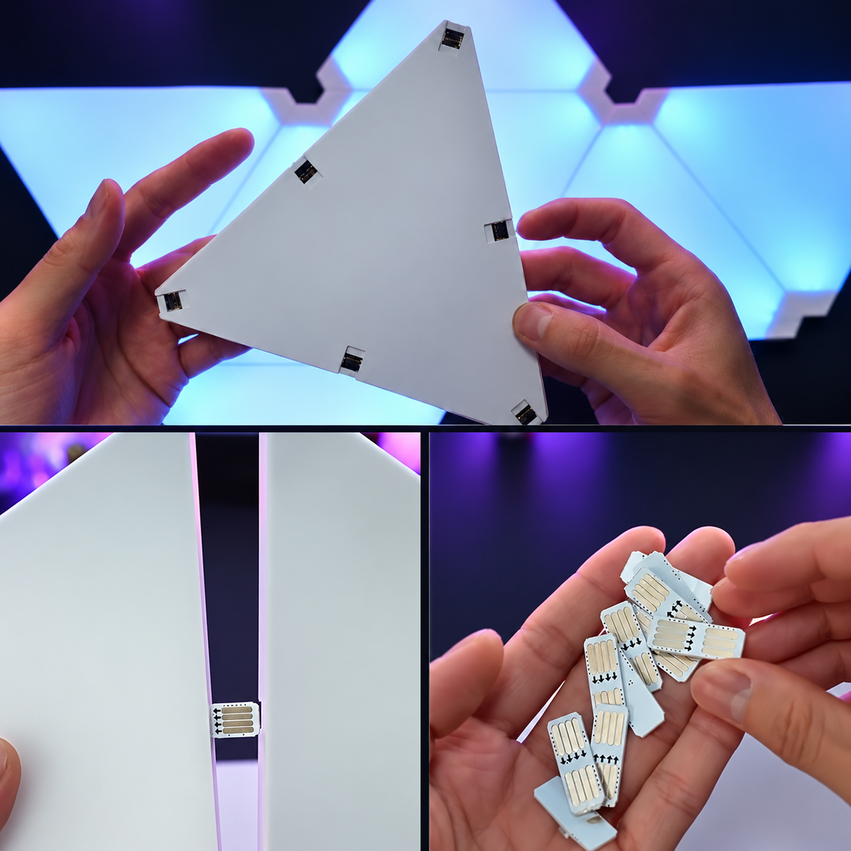 Connecting triangle LED light panels together using panel connectors