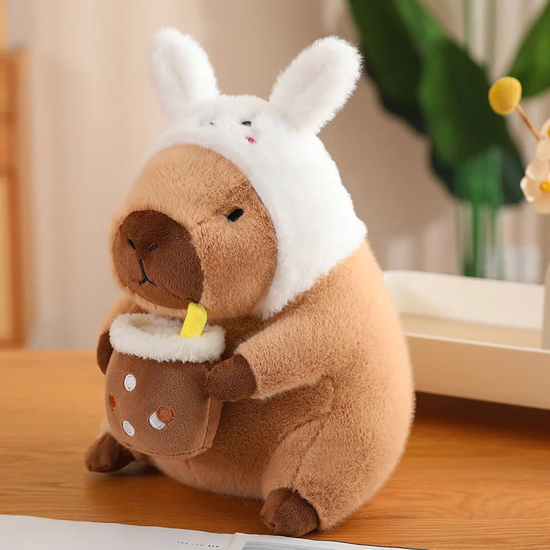 Bunny Capybara plush with a boba cup, part of Zyko’s collection of squishy soft toys, perfect for calm décor and cozy room ideas.