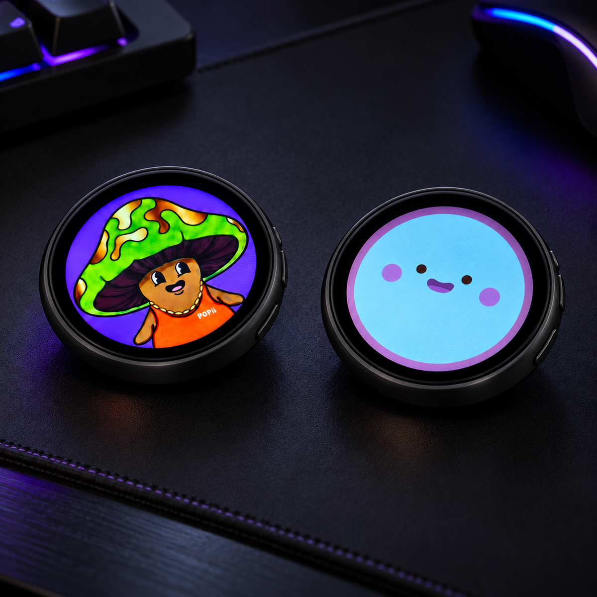 Two custom digital badges displaying colourful artwork on a gaming desk