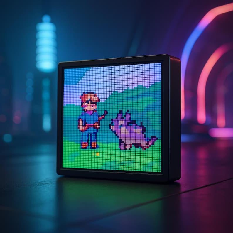 Side view of LED pixel display showing animated pixel snake on a gaming shelf