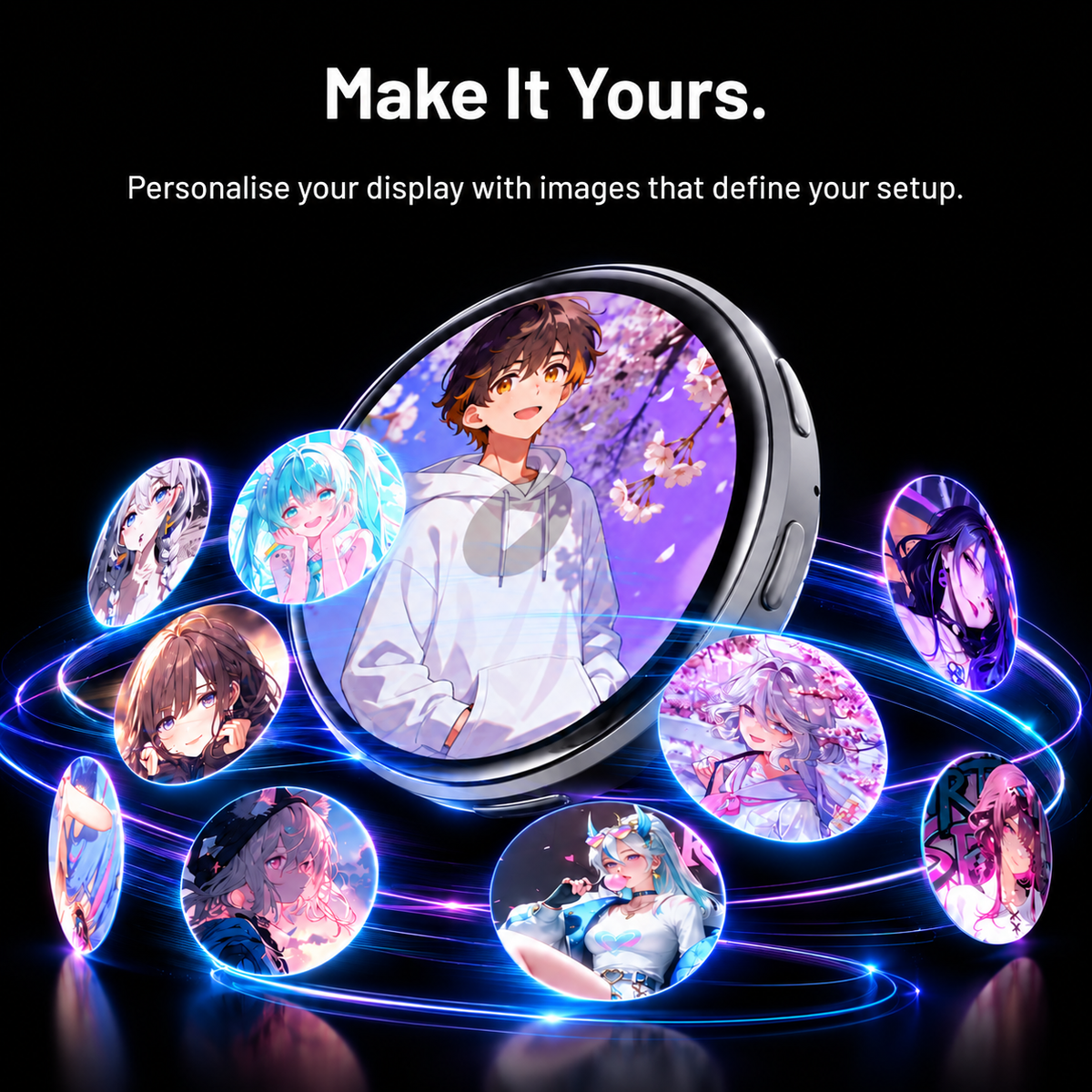 Customisable digital pin badge showing personalised images and artwork