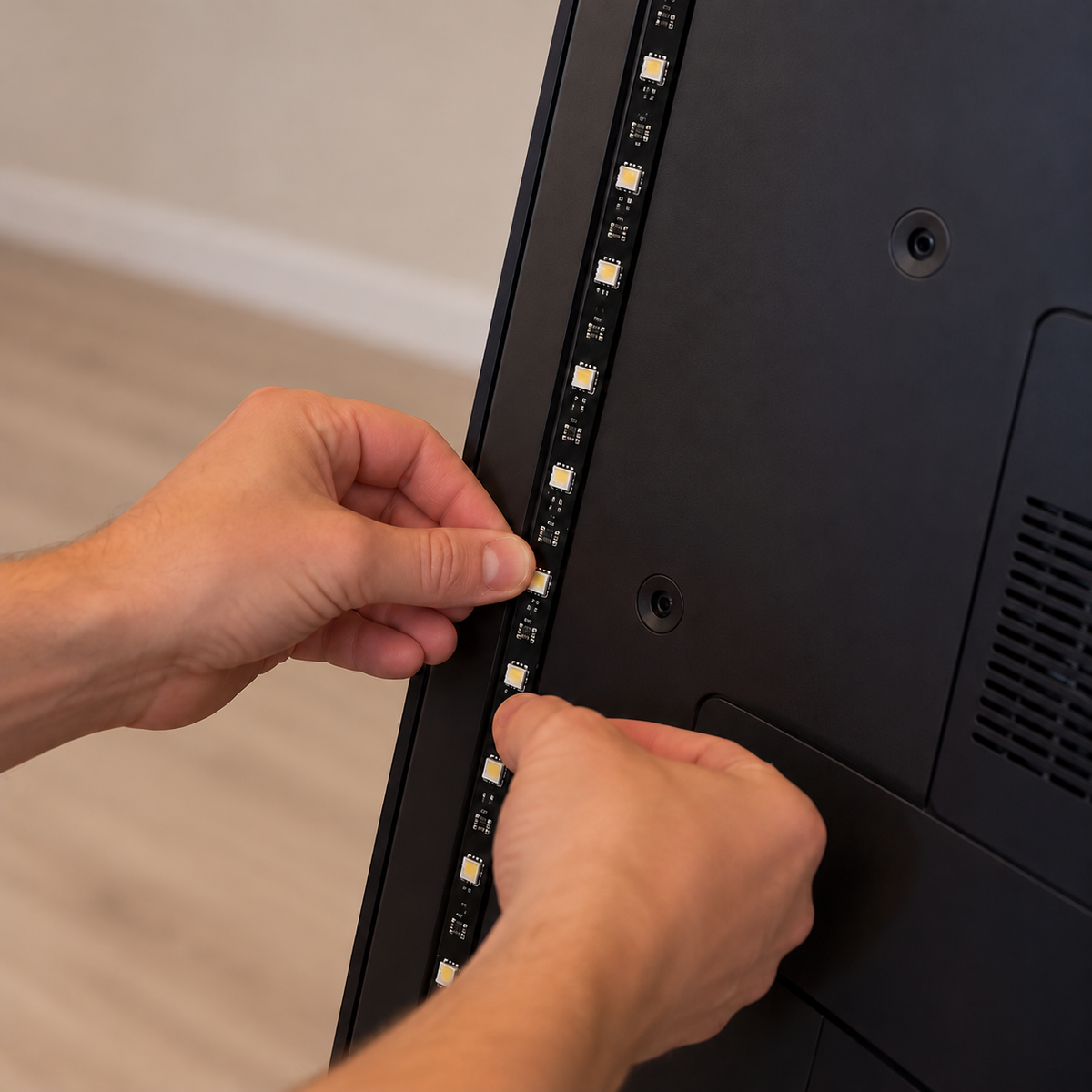 Hands installing a self-adhesive RGB LED backlight strip behind a television for the Zyko Atmos HDMI 2.0 Sync Box, showing the simple TV lighting setup.