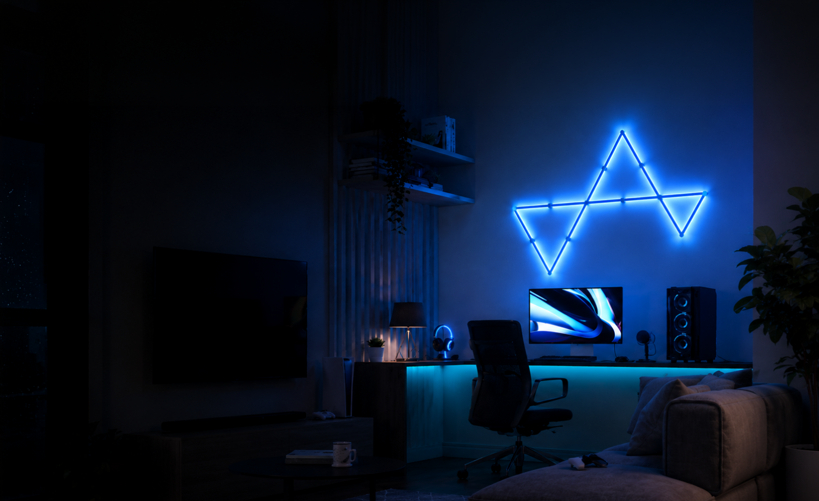 Elements wall light panels creating colourful ambient lighting in a gaming room
