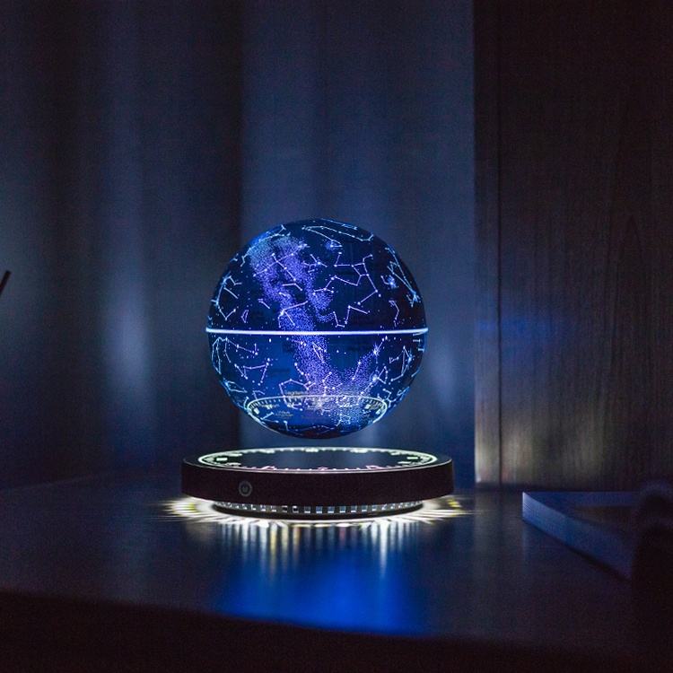 3D levitating moon lamp floating above a clock base, glowing blue light for minimalist room decor.