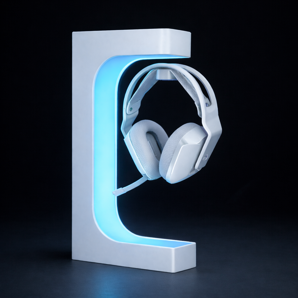 Floating headset stand in white with LED lighting displaying headphones in minimal setup