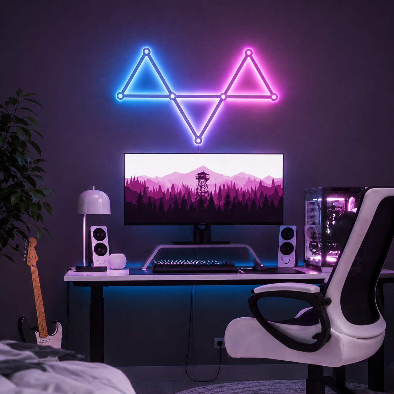 Modern gaming setup with neon lights, computer monitor, and chair in a dark room.