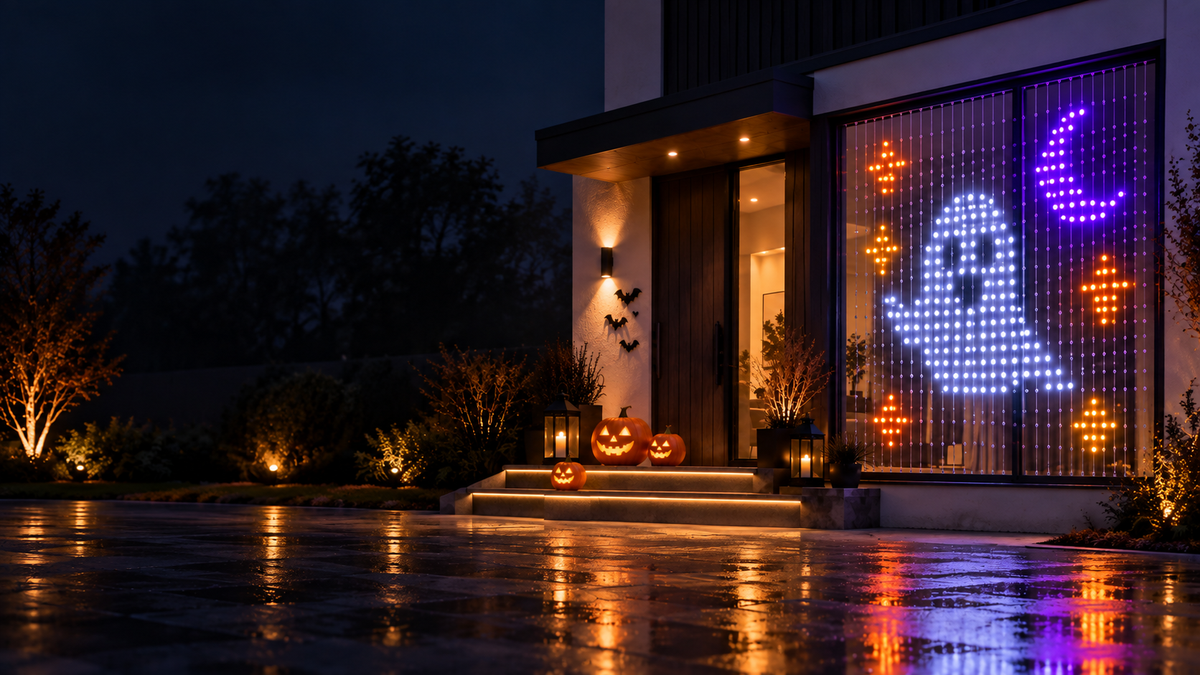 Halloween lighting sale with LED curtain lights displaying a glowing ghost, moon and stars on a modern home