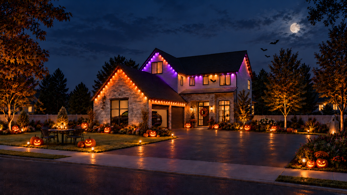 Halloween permanent outdoor eaves lights illuminating a house in orange and purple