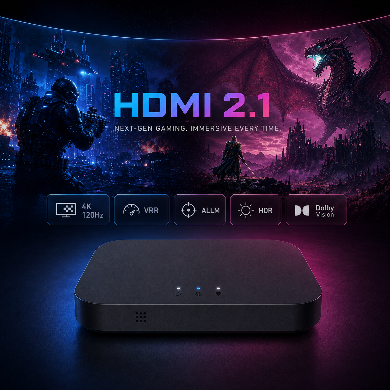 HDMI 2.1 sync box with 4K 120Hz, VRR, ALLM, HDR and Dolby Vision support