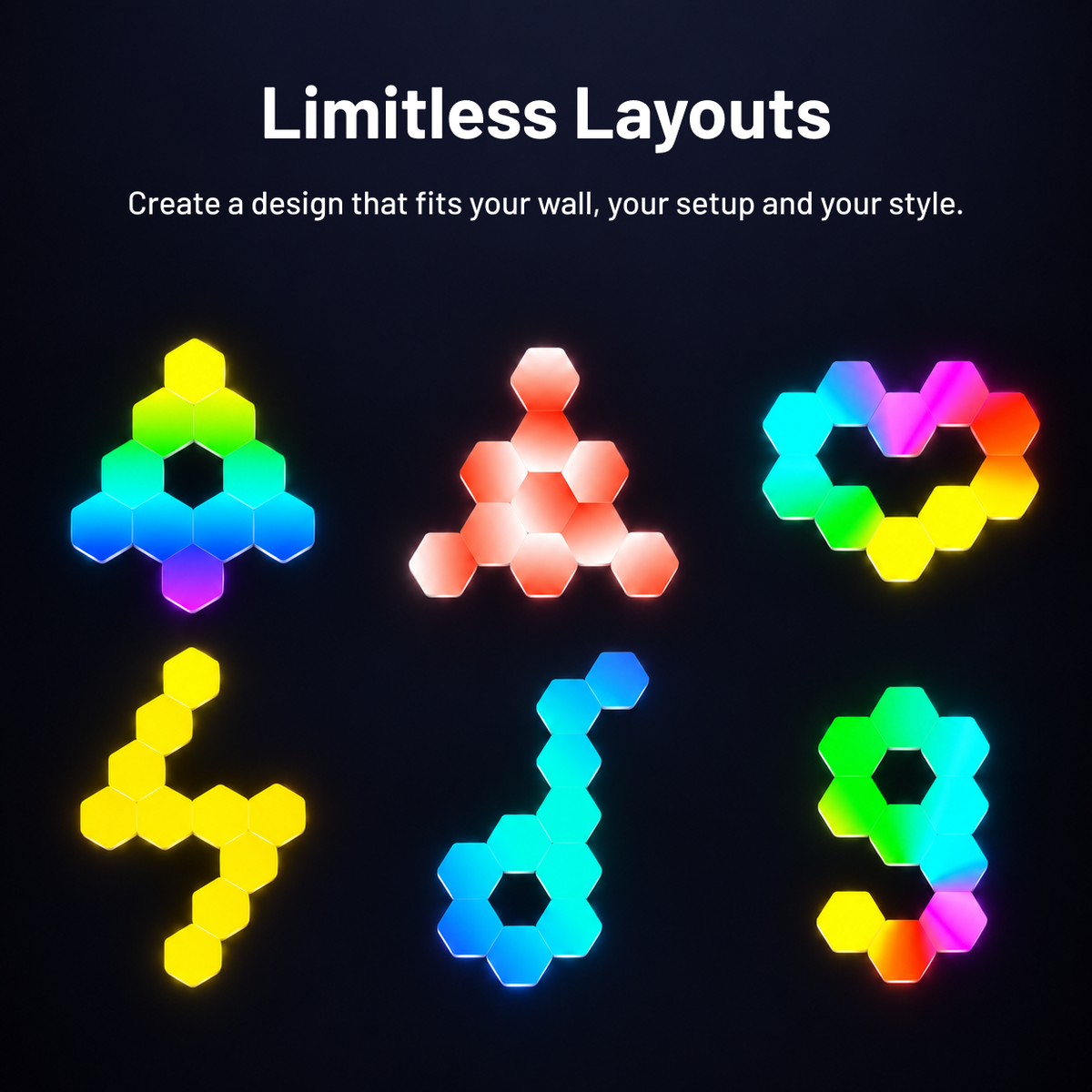 Six colourful hexagon light panel layout ideas using modular RGBIC panels