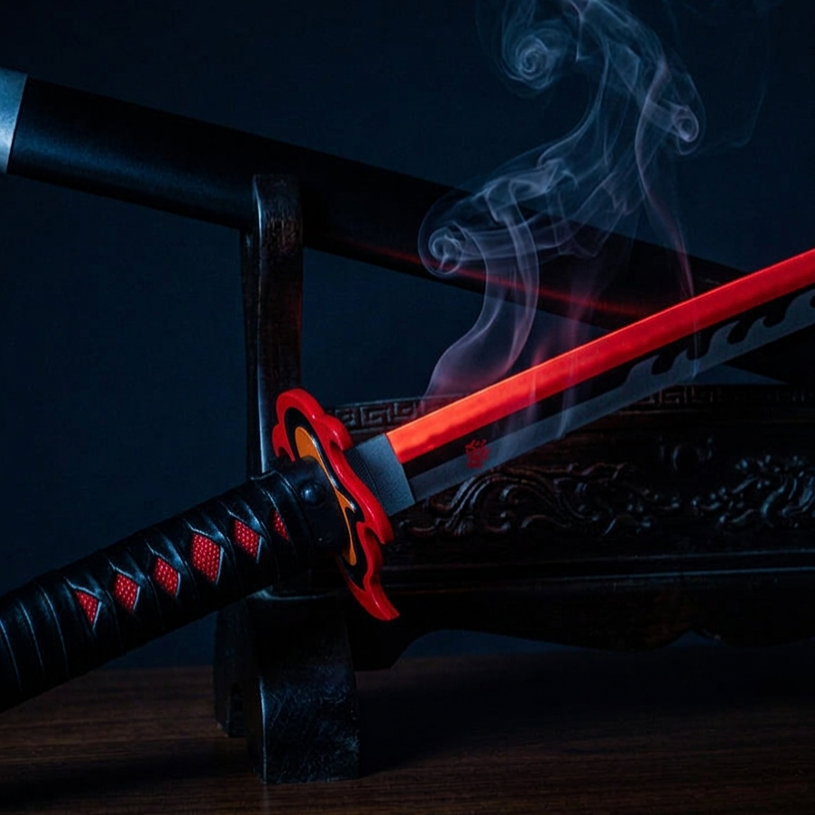 Illuminated katana wall light adding vibrant RGB ambience and decorative lighting to gaming setups, entertainment rooms and anime-inspired spaces.Illuminated katana wall light adding vibrant RGB ambience and decorative lighting to gaming setups, entertainment rooms and anime-inspired spaces.