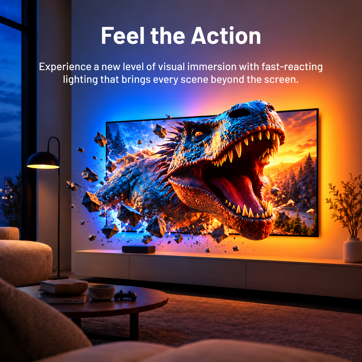 Dinosaur bursting from a television screen with dramatic blue and orange lighting illustrating immersive entertainment.