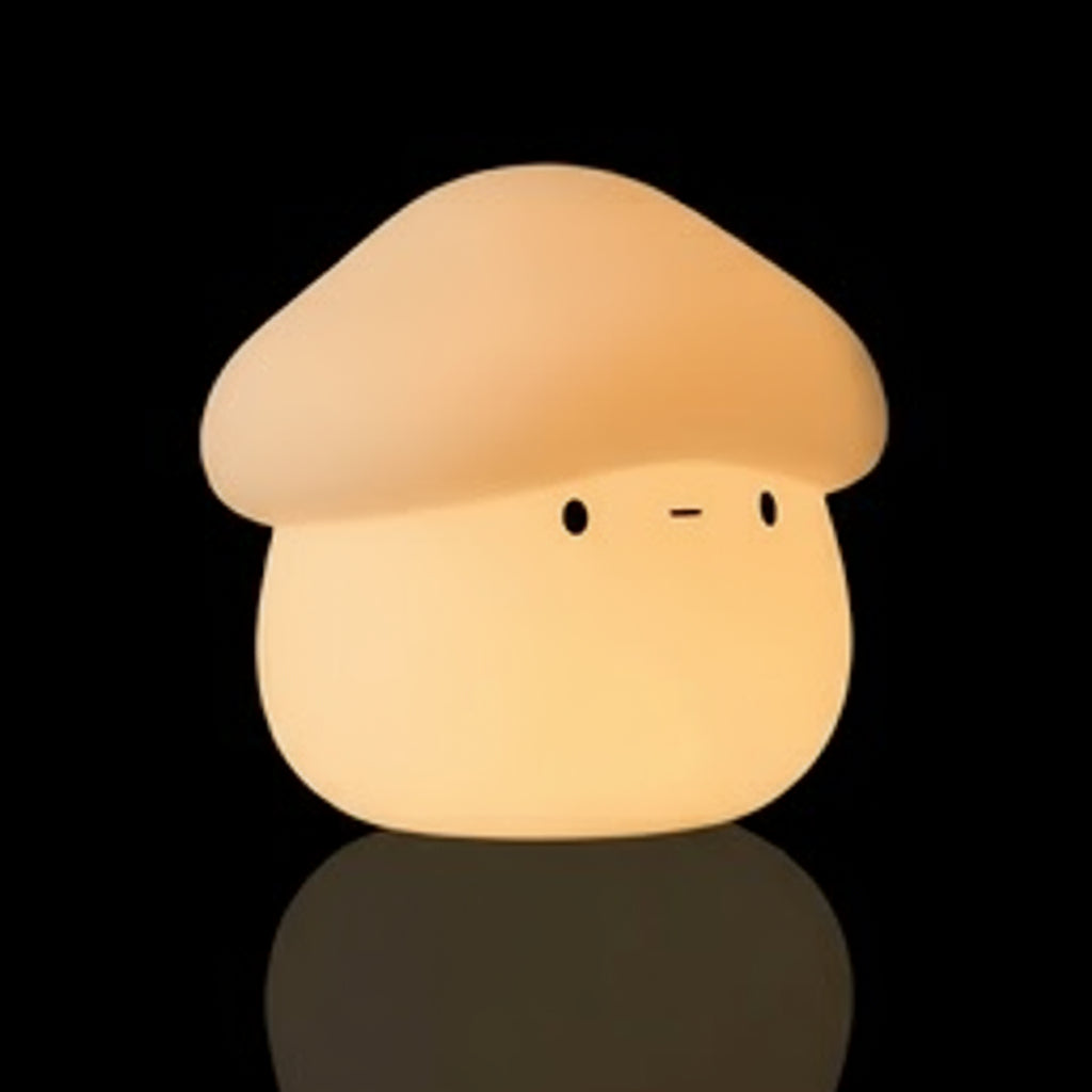 Kawaii mushroom night light glowing softly beside pastel decor in a cozy bedroom.