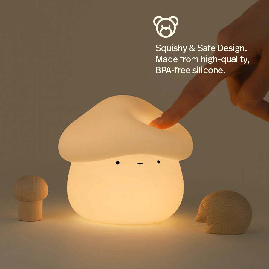 Kawaii mushroom night light made from soft BPA-free silicone, ideal for cozy home accessories.