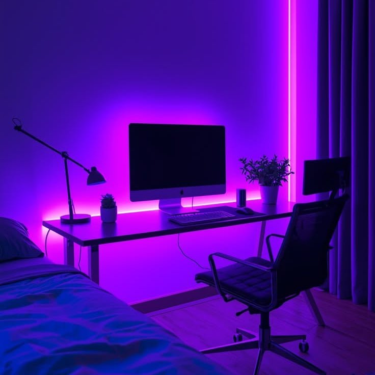 LED backlight for monitor creating purple ambient lighting in a gaming room
