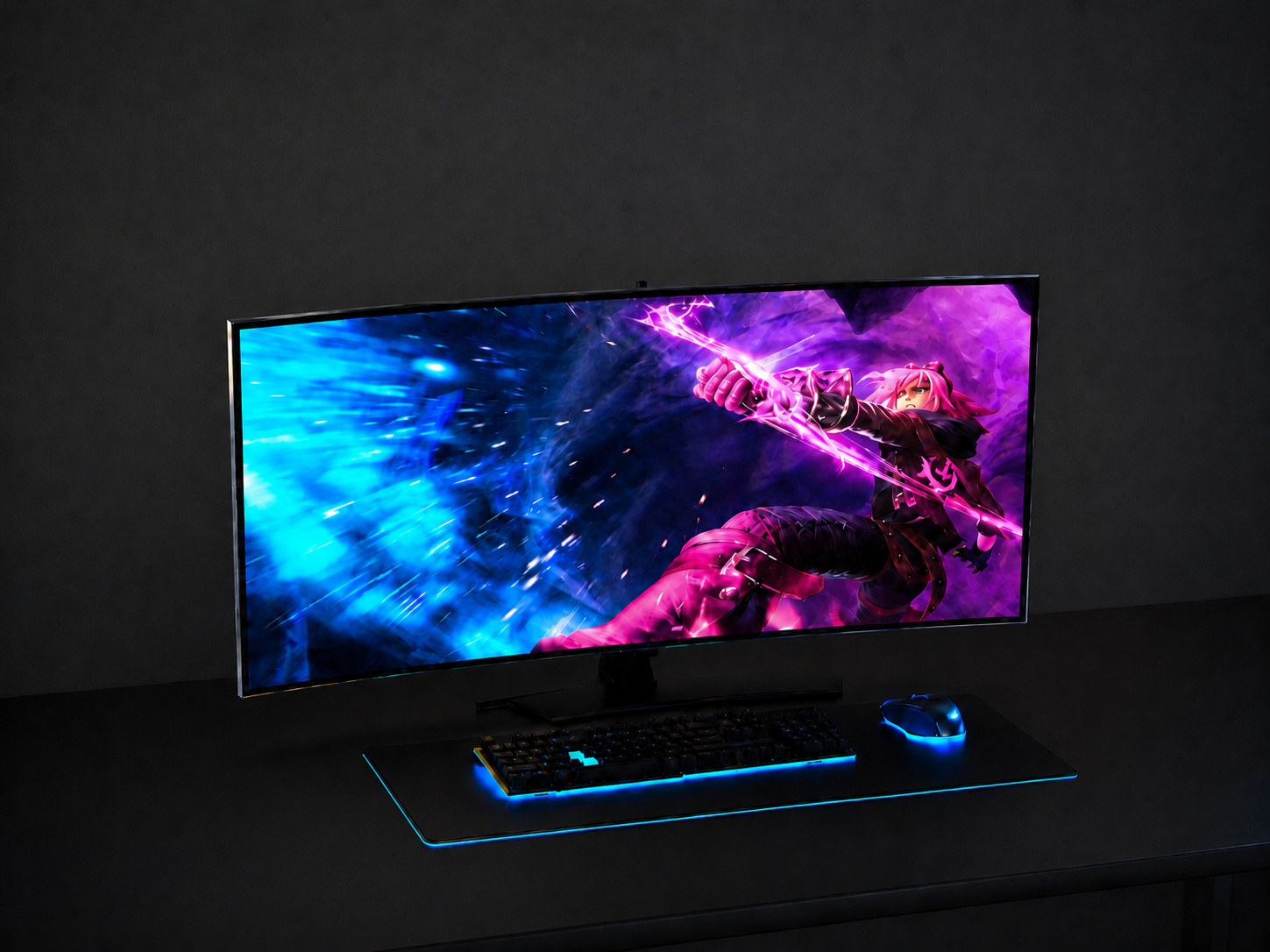 LED monitor lighting upgrade for gaming desks, adding vibrant RGB ambience behind the display to create a more immersive and visually engaging setup.