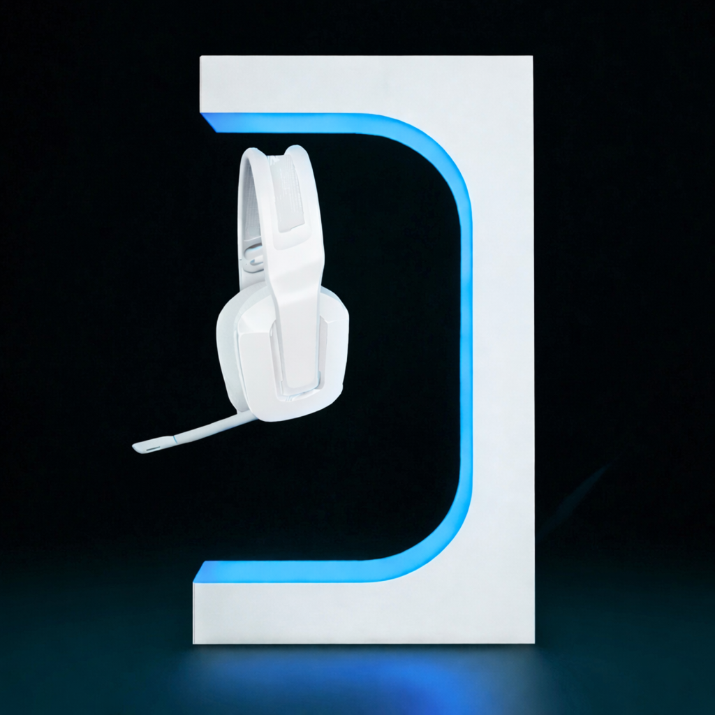 Levitating headphone stand in white with RGB glow on a clean modern desk setup