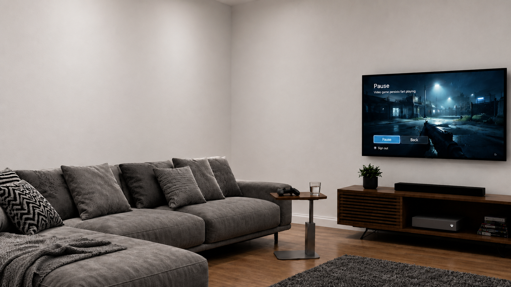 Modern living room before RGB floor lamp showing plain wall lighting and a standard room setup