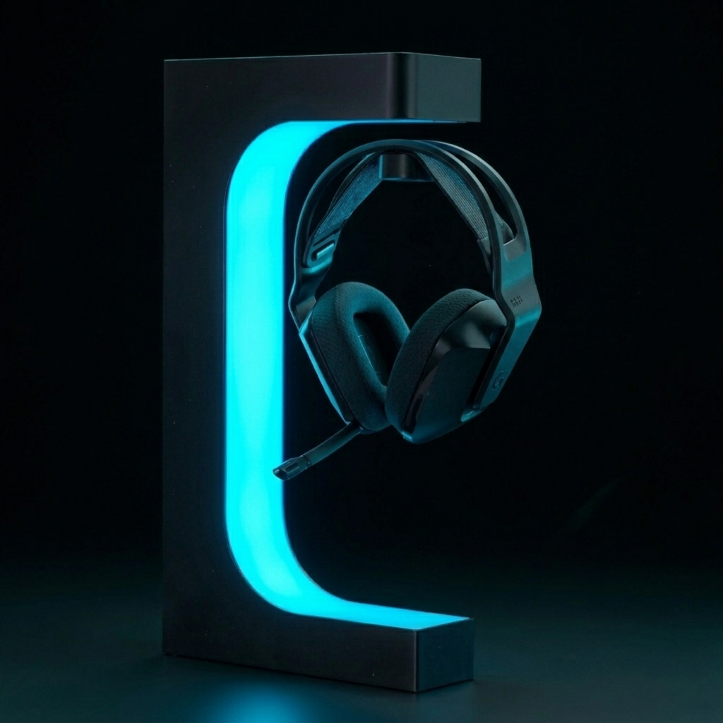 Floating headphone stand in black with RGB lighting used in a modern gaming desk setup