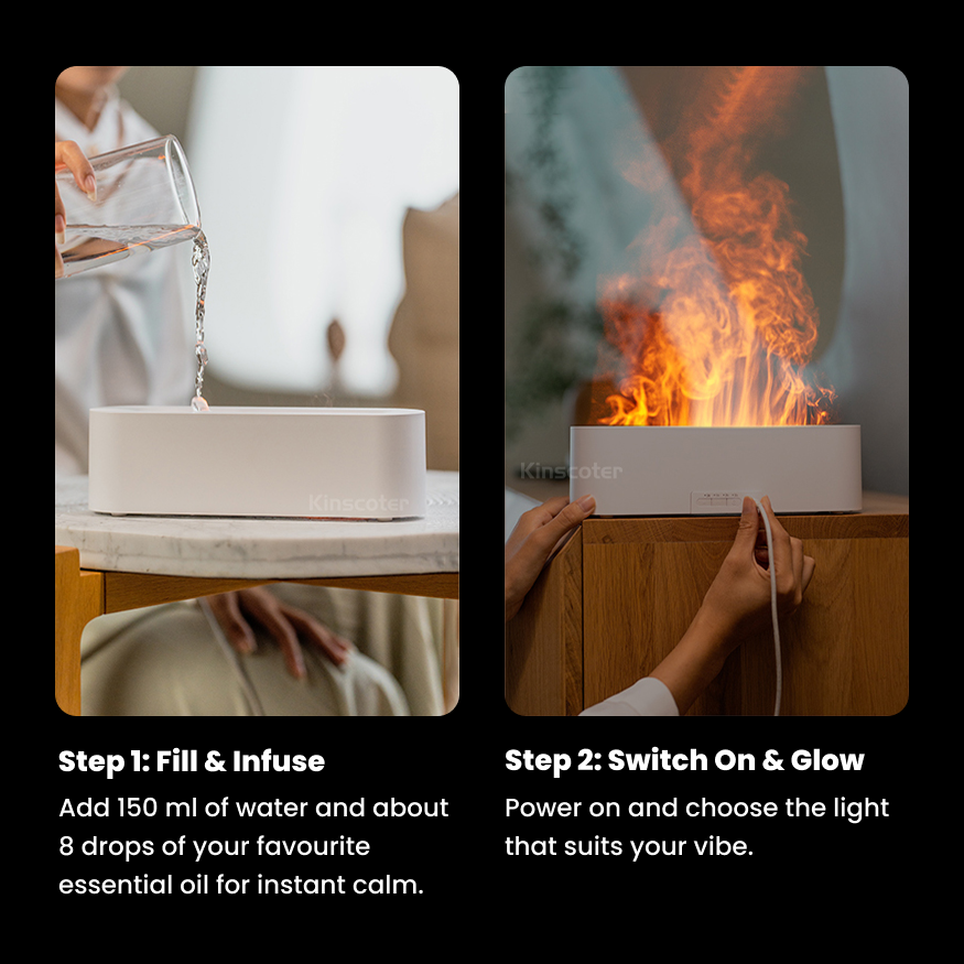 Setup guide image showing diffuser placement and relaxing essential oils for diffuser use within a calm meditation area.