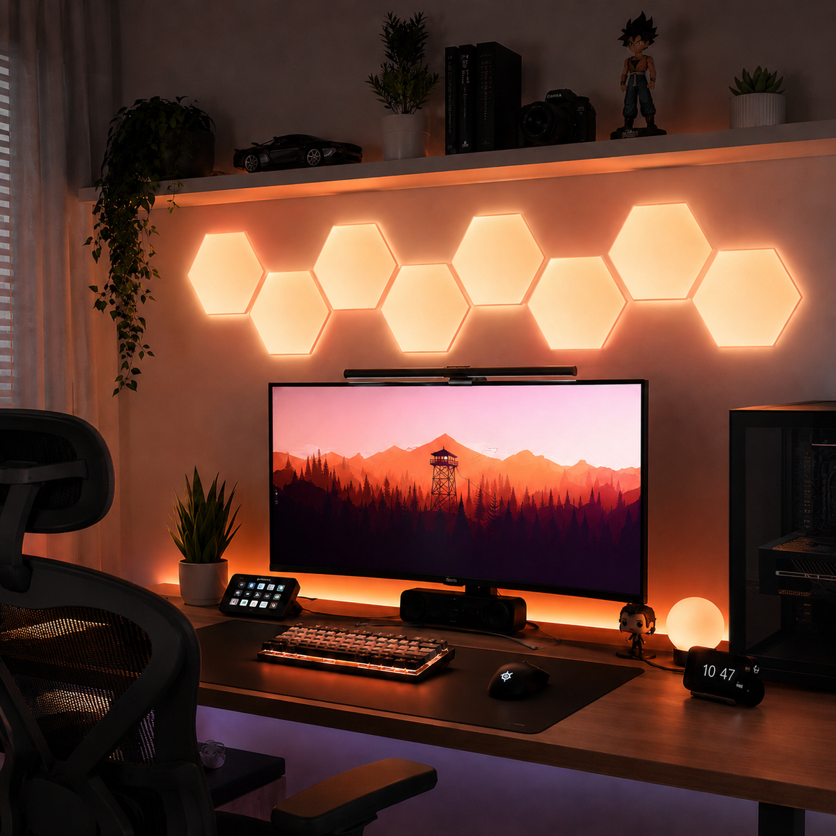 Warm hexagon wall light panels arranged above a gaming desk to create cohesive ambient lighting