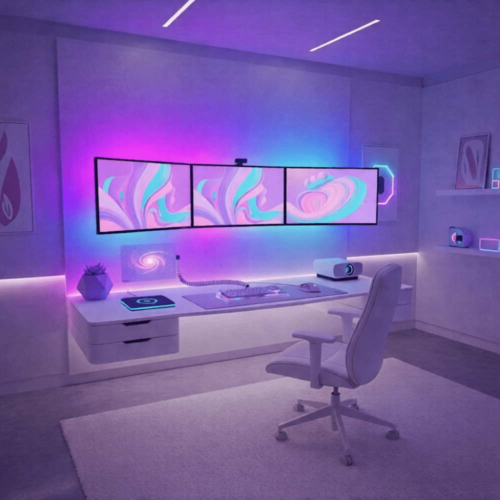 Monitor LED light strip adding soft ambient colour behind a desktop display