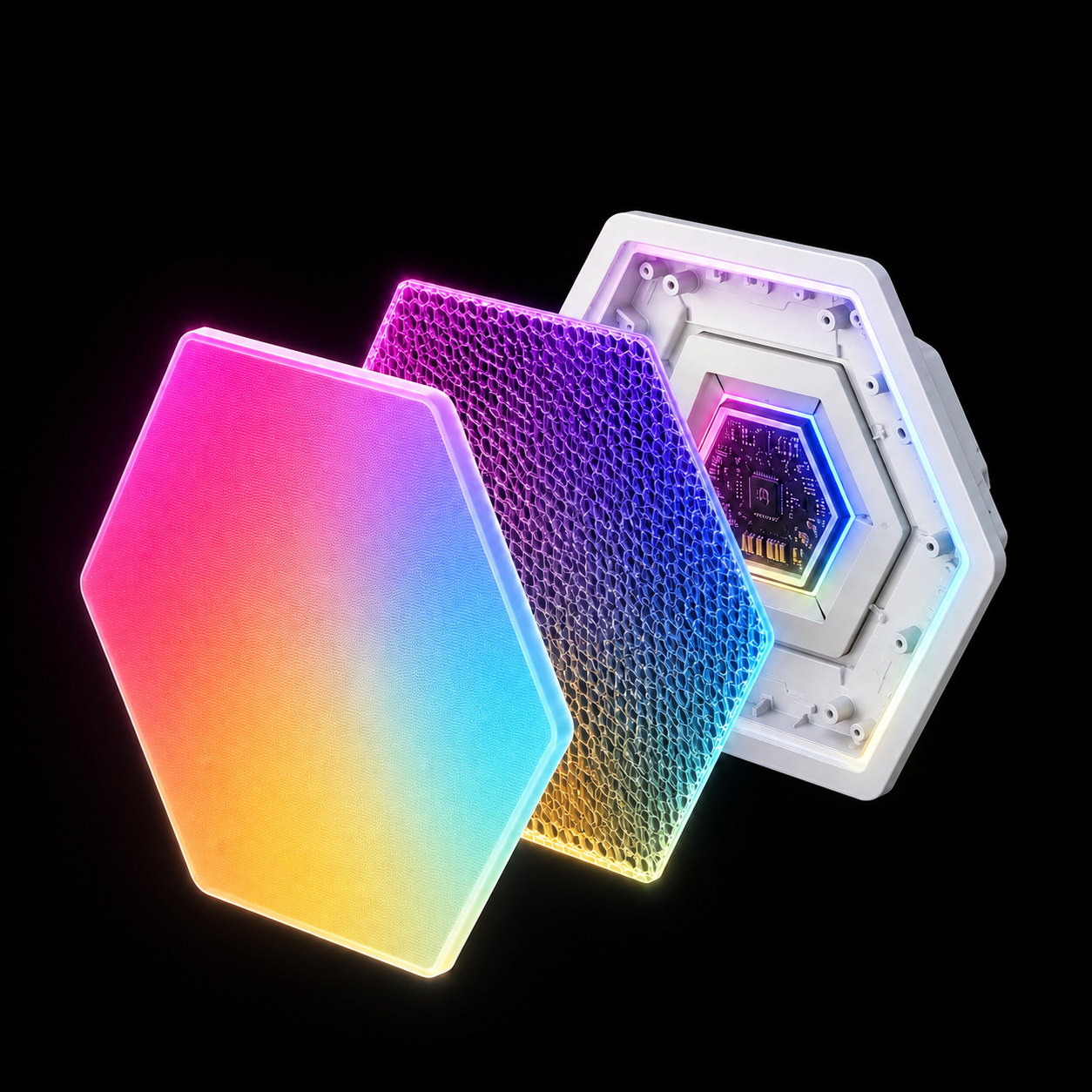 Exploded view of a hexagon light panel showing the RGBIC lighting layers, textured diffuser and internal electronics on a black background.
