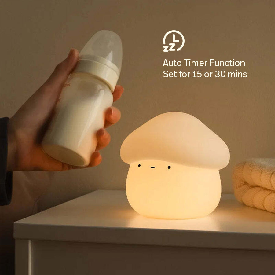 Warm mushroom night light with 15 or 30 minute timer for relaxed self-care room setups.