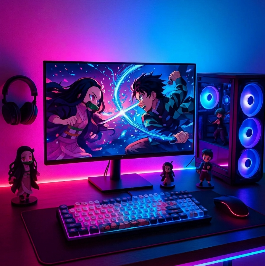 PC monitor backlight creating RGB ambient lighting behind a gaming setup